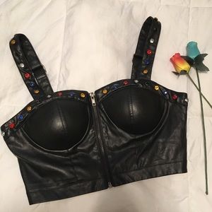 Selena style rhinestone pleather zip bustier